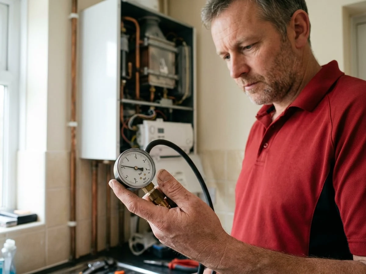 Pinner Plumbers 247 engineer checking boiler pressure with a gauge during a boiler repair in Pinner